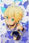  1boy bare_shoulders bass_clef black_legwear black_shorts black_sleeves blonde_hair d_futagosaikyou detached_sleeves expressionless foreshortening from_above full_body green_eyes grey_shirt headphones highres kagamine_len kagamine_len_(append) male_focus pendant_choker shirt shorts sleeveless sleeveless_shirt spiky_hair star_(symbol) turtleneck vocaloid vocaloid_append 