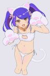  1girl :d animal_hands animal_print bell blue_hair blush bow bra brown_eyes cat_cutout cat_ear_panties cat_lingerie cat_print cat_tail choker clothing_cutout copyright_request cropped_legs earrings fang gloves grey_background hair_bow hands_up highres jewelry jingle_bell long_hair looking_at_viewer maid_headdress meme_attire multicolored_hair navel neck_bell open_mouth osame panties paw_gloves paw_pose pink_bow pink_choker print_panties purple_hair side-tie_panties simple_background smile solo standing stomach streaked_hair stud_earrings tail thigh_gap twintails underwear white_bra white_panties 
