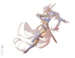  armor armored_boots armored_dress blue_armor boots cleru_(cleruuuuu) helmet highres lenneth_valkyrie long_hair shoulder_armor silver_hair sword thigh-highs valkyrie valkyrie_profile weapon winged_helmet 