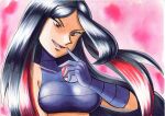  1girl black_hair breasts commentary_request covered_collarbone crop_top eyelashes gloves hand_up holding holding_poke_ball long_hair looking_down lucy_(pokemon) multicolored_hair oka_mochi open_mouth pink_background poke_ball poke_ball_(basic) pokemon pokemon_(game) pokemon_emerald pokemon_rse purple_gloves red_eyes redhead smile solo tongue traditional_media two-tone_hair 