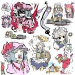  6+girls animal_ears apron bat_wings blonde_hair blush braid broom cabbie_hat camel chair closed_eyes crescent crescent_hat_ornament crying crystal embodiment_of_scarlet_devil empty_eyes fangs flandre_scarlet fox fox_ears fox_tail hair_ribbon hat hat_ornament hat_ribbon highres hong_meiling izayoi_sakuya knifed koakuma laevatein_(touhou) light_blue_hair maid maid_apron maid_headdress mob_cap multiple_girls necktie patchouli_knowledge peroponesosu. pointy_ears purple_hair pyramid red_eyes red_neckwear redhead remilia_scarlet ribbon roomba silver_hair simple_background sitting sparkle star_(symbol) star_hat_ornament tail thought_bubble touhou twin_braids white_background wings zzz 