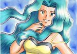  1girl blue_background breasts collarbone commentary eyelashes green_eyes green_hair hand_up highres karen_(pokemon) long_hair looking_at_viewer oka_mochi pokemon pokemon_(game) pokemon_hgss shiny shiny_hair shirt smile solo traditional_media upper_body wavy_hair yellow_shirt 