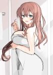  1girl absurdres alternate_hairstyle blue_eyes brown_hair cowboy_shot hair_between_eyes hair_down highres holding holding_hair kantai_collection looking_at_viewer naked_towel saratoga_(kancolle) sidelocks smile solo towel unfinished white_towel yunamaro 