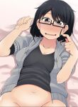  1girl black_hair blue_eyes glasses groin kaauchi looking_at_viewer navel open_mouth short_hair solo 