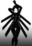  1girl absurdres android ass_visible_through_thighs black_bodysuit black_hair black_wings bodysuit breasts feet_out_of_frame forehead gradient gradient_background greyscale groin highres huge_filesize large_breasts looking_at_viewer monochrome oosaki_takahito original short_hair solo standing thigh_gap wings 