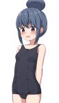  1girl bangs bare_arms bare_shoulders blue_hair blush breasts collarbone commentary_request cowboy_shot eyebrows_visible_through_hair hair_bun highres hippo_(hirople) old_school_swimsuit open_mouth school_swimsuit shima_rin sidelocks simple_background small_breasts solo standing swimsuit turn_pale violet_eyes wavy_mouth white_background yurucamp 