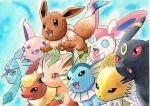  :d blue_background blue_eyes commentary_request eevee espeon fangs flareon glaceon jolteon jumping leafeon no_humans oka_mochi open_mouth pokemon pokemon_(creature) smile sylveon toes tongue traditional_media umbreon vaporeon 
