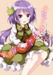  1girl :d bangs beamed_eighth_notes biwa_lute chain dress eighth_note eyebrows_visible_through_hair flower frilled_dress frills hair_flower hair_ornament highres instrument leaf long_hair long_sleeves looking_at_viewer lute_(instrument) music musical_note open_mouth playing_instrument purple_hair quarter_note ruu_(tksymkw) shirt simple_background smile solo star_(symbol) touhou tsukumo_benben violet_eyes white_flower yellow_background yellow_shirt 