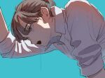  1girl bent_over blue_background brown_eyes brown_hair collared_shirt commentary drooling katsuoboshi open_mouth original saliva shirt short_hair short_ponytail simple_background sleeves_rolled_up solo sweat upper_body white_shirt 