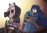  2girls aversa_(fire_emblem) bangs blue_eyes blue_hair book bound breasts captured closed_mouth fire_emblem fire_emblem_awakening hiomaika holding holding_book holding_weapon large_breasts long_hair lucina_(fire_emblem) multiple_girls open_mouth parted_bangs red_eyes teeth tiara tied_up_(nonsexual) upper_body upper_teeth weapon white_hair 