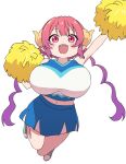  1girl :d black_skirt blue_footwear blush breasts cheerleader curled_horns dot_nose full_body gradient_hair hands_up highres holding holding_pom_poms horns huge_breasts ilulu_(maidragon) jumping kobayashi-san_chi_no_maidragon looking_at_viewer miniskirt multicolored_hair navel open_mouth osame pink_hair pom_pom_(cheerleading) purple_hair red_eyes sharp_teeth shirt shoes simple_background skirt slit_pupils smile solo teeth twintails white_background 