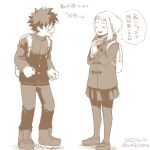  1boy 1girl backpack bag bangs blush boku_no_hero_academia buthikireta clenched_hands closed_eyes commentary_request freckles highres jacket long_sleeves looking_at_another midoriya_izuku monochrome open_mouth own_hands_together palms_together pants pantyhose pleated_skirt profile scarf shoes short_hair simple_background skirt smile speech_bubble teeth translation_request uraraka_ochako white_background 