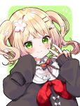  1girl blonde_hair flower green_eyes hair_flower hair_ornament hairclip highres hololive jacket kosuzume momosuzu_nene sleeves_past_fingers sleeves_past_wrists smile solo twintails upper_body virtual_youtuber w 