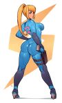  2021 absurdres ass blonde_hair blue_eyes bodysuit breasts dated english_commentary full_body gun handgun high_heels highres holster holstered_weapon large_breasts lips looking_at_viewer metroid pistol ponytail ravenousruss samus_aran standing watermark weapon 