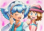  2girls ;d ascot bangs bare_arms blue_eyes blue_hair blue_ribbon blush brown_hair collarbone collared_shirt commentary_request eyelashes hairband hand_up hat headdress highres index_finger_raised long_sleeves miette_(pokemon) multiple_girls neck_ribbon oka_mochi one_eye_closed open_mouth orange_hairband orange_neckwear pink_background pokemon pokemon_(anime) pokemon_xy_(anime) purple_headwear ribbon serena_(pokemon) shirt short_hair sleeveless smile tongue traditional_media vest violet_eyes 