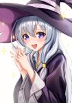  1girl absurdres bangs blush eichi_(skskdi12z) elaina_(majo_no_tabitabi) eyebrows_visible_through_hair hair_between_eyes hands_together hat highres long_hair looking_at_viewer majo_no_tabitabi purple_robe silver_hair simple_background sparkle upper_body violet_eyes white_background witch witch_hat 