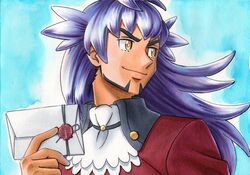  1boy bangs blue_background buttons closed_mouth commentary_request dark-skinned_male dark_skin envelope facial_hair floating_hair hand_up highres holding holding_envelope jabot leon_(pokemon) long_hair looking_to_the_side male_focus oka_mochi pokemon pokemon:_twilight_wings pokemon_(game) pokemon_swsh purple_hair smile solo traditional_media upper_body white_neckwear yellow_eyes 