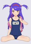  1girl :d backpack bag bangs blue_hair blush brown_eyes copyright_request covered_navel flat_chest full_body grey_background hair_bobbles hair_ornament hairband hand_up highres long_hair looking_at_viewer multicolored_hair name_tag one-piece_swimsuit open_mouth osame pink_bag purple_hair randoseru red_hairband school_swimsuit simple_background sitting smile solo streaked_hair sweat swept_bangs swimsuit two_side_up wariza 
