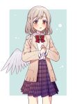  1girl alternate_costume angel_wings beige_jacket blush bow bowtie braid brown_eyes collared_shirt commentary_request eyebrows_visible_through_hair french_braid hair_between_eyes kishin_sagume long_sleeves looking_at_viewer open_mouth plaid plaid_skirt purple_skirt red_neckwear shirt short_hair silver_hair single_wing skirt solo touhou touya_(konpekitou) white_shirt wings 