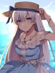  1girl anastasia_(fate) anastasia_(swimsuit_archer)_(fate) backlighting bangs bare_shoulders beach blue_dress blue_eyes blue_sky blush bracelet breasts collarbone dress fate/grand_order fate_(series) hair_over_one_eye hairband hat jewelry large_breasts long_hair looking_at_viewer mitarasi_danngo necklace pendant silver_hair sky smile solo straw_hat sweatdrop very_long_hair 