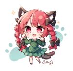 1girl :d animal_ears bangs black_bow black_footwear black_ribbon bow braid cat_ears cat_tail chibi dress eyebrows_visible_through_hair full_body green_dress hair_bow heart highres kaenbyou_rin leg_ribbon long_hair long_sleeves looking_at_viewer multiple_tails nekomata open_mouth paw_print pudding_(skymint_028) red_eyes redhead ribbon side_braids signature smile solo standing tail touhou twin_braids two_tails 