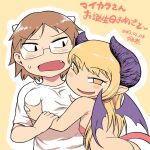  2girls ass blonde_hair breast_grab breasts brown_hair chibi dated demon_tail glasses grabbing horns large_breasts long_hair looking_at_viewer multiple_girls open_mouth short_hair simple_background smile tail tsukudani_(coke-buta) yuri 