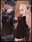  2girls bangs black_cape black_headwear blonde_hair blush brown_background cape closed_mouth duel_monster duo eta eyebrows_visible_through_hair green_eyes grey_hair hair_between_eyes hat hirachi_(gohan_tabena) jacket long_hair looking_at_viewer low_twintails one_side_up peaked_cap red_eyes school_uniform sky_striker_ace_-_raye sky_striker_ace_-_roze twintails two-tone_background yuu-gi-ou 