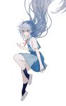  1girl absurdres ayanami_rei black_legwear blue_dress blue_hair closed_mouth commentary_request deep_(deep4946) dress evangelion:_3.0+1.0_thrice_upon_a_time full_body hair_between_eyes hand_up highres knee_up long_hair neckerchief neon_genesis_evangelion pinafore_dress rebuild_of_evangelion red_eyes red_neckwear school_uniform shirt short_sleeves simple_background smile socks solo tokyo-3_middle_school_uniform_(evangelion) white_background white_footwear white_shirt 