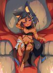  :d animal_ears anklet anubis armlet bandages bare_shoulders barefoot black_hair bracelet commission dark_skin done_(donezumi) fang flat_chest full_body gold heterochromia highres jewelry open_mouth original red_eyes short_hair sitting skeb_commission smile tail violet_eyes 