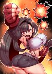  1girl ass black_hair breasts eyebrows_visible_through_hair final_fantasy final_fantasy_vii fingerless_gloves glaring gloves highres large_breasts long_hair looking_at_viewer open_mouth red_eyes red_gloves skirt solo tank_top tifa_lockhart tukiwani very_long_hair white_tank_top 