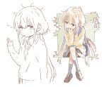  1girl :/ arm_at_side backpack bag bangs beige_cardigan blonde_hair blue_bag brown_eyes brown_footwear cardigan closed_mouth crossed_legs elbow_rest expressionless from_side full_body futaba_anzu grey_legwear grey_skirt hair_between_eyes half-closed_eyes hand_on_lap hand_up head_rest idolmaster idolmaster_cinderella_girls kneehighs leaning_forward loafers long_hair long_sleeves looking_at_viewer looking_to_the_side low_twintails matsuo_yuusuke mouth_hold multiple_views neck_ribbon partially_colored pleated_skirt red_neckwear ribbon school_uniform shoes sidelocks simple_background skirt sleeves_past_wrists standing tareme twintails upper_body very_long_hair waving white_background wing_collar yellow_cardigan 