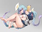  1girl absurdres bangs bare_legs barefoot blue_hair blue_skirt blush bra breasts commentary_request cup fingernails full_body gradient_hair grey_background hair_between_eyes hair_ornament hairclip halo highres holding holding_cup kassadinssss long_hair long_sleeves looking_at_viewer medium_breasts multicolored_hair nail_polish original purple_hair red_eyes red_nails simple_background skirt soles solo stomach thigh_strap toenail_polish toenails toes twintails underwear very_long_hair white_bra 