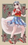  1girl absurdres animal_ears black_neckwear blue_bow blue_eyes blue_skirt bow brown_hair choker commentary_request dancing earrings extra_ears eyebrows_visible_through_hair floral_print frilled_skirt frills grey_hair hair_bow highres inugami_gyoubu_(kemono_friends) jewelry kemono_friends kemono_friends_3 mary_janes multicolored_hair polka_dot polka_dot_legwear print_skirt raccoon_ears raccoon_girl raccoon_tail red_footwear red_shirt shirt shoes short_hair short_sleeves skirt socks solo t-shirt tail toriny two-tone_hair yellow_belt 