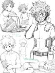  ... 1boy bangs bodysuit boku_no_hero_academia buthikireta child collarbone commentary_request dated greyscale highres lying male_focus mask messy_hair midoriya_izuku monochrome mouth_mask multiple_views on_stomach open_mouth pants scar scar_on_arm shirt shirtless shorts sitting sleeping sparkle sparkling_eyes spoken_ellipsis translation_request younger 