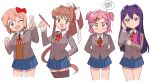  4girls bangs black_legwear blazer blue_eyes bow brown_hair doki_doki_literature_club eyebrows_visible_through_hair green_eyes hair_bow hair_ornament hairclip holding holding_pen jacket long_hair looking_at_viewer monika_(doki_doki_literature_club) multiple_girls natsuki_(doki_doki_literature_club) open_mouth over-kneehighs pen pink_eyes pink_hair ponytail purple_hair red_bow sayori_(doki_doki_literature_club) school_uniform short_hair skirt smile thigh-highs tsubobot twintails v violet_eyes white_bow yuri_(doki_doki_literature_club) 