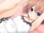  1girl bare_shoulders blanc blue_eyes blush breasts brown_hair dress iwashi_dorobou_-r- looking_at_viewer neptune_(series) open_mouth short_hair small_breasts solo sweat white_dress 