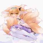  1girl absurdres animal_ears arknights bangs bare_shoulders bed_sheet blonde_hair blush braid closed_mouth commentary eyebrows_visible_through_hair fox_ears fox_girl fox_tail frilled_skirt frills full_body grey_background hair_between_eyes hair_rings highres kitsune long_sleeves looking_at_viewer no_shoes oripathy_lesion_(arknights) pantyhose purple_skirt shirt simple_background skirt smile solo suzuran_(arknights) tail takumi_mizuki torn_clothes torn_legwear twin_braids white_legwear white_shirt yellow_eyes 
