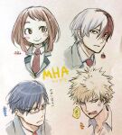  1girl 3boys anger_vein bakugou_katsuki bangs blonde_hair blue_hair blush_stickers boku_no_hero_academia brown_background brown_eyes brown_hair buthikireta closed_mouth commentary_request copyright_name face fang glasses gradient gradient_background grey_hair grey_jacket iida_tenya jacket multiple_boys necktie red_neckwear redhead school_uniform short_hair smile todoroki_shouto u.a._school_uniform uraraka_ochako 