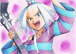  1girl :d arm_up bass_guitar blue_eyes collarbone commentary dress forehead freckles hair_bobbles hair_ornament hand_up highres holding holding_instrument instrument looking_at_viewer oka_mochi open_mouth pokemon pokemon_(game) pokemon_bw2 purple_background roxie_(pokemon) short_hair smile solo spiky_hair strap striped striped_dress tongue topknot traditional_media two-tone_dress upper_body upper_teeth white_hair 