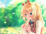 1girl akai_haato bangs blonde_hair blue_eyes blurry blurry_background blush bow commentary_request dandelion dress eyebrows_visible_through_hair flower hair_between_eyes hair_bow hair_ornament hairclip hands_up heart heart_hair_ornament highres holding holding_flower hololive long_hair long_sleeves looking_at_viewer magowasabi nail_polish outdoors parted_lips red_bow red_dress red_nails shirt signature solo twitter_username two_side_up upper_body virtual_youtuber white_shirt x_hair_ornament 