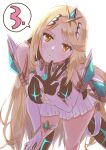  1girl absurdres bangs bare_legs bare_shoulders blonde_hair breasts chest_jewel dress earrings elbow_gloves gloves highres jewelry large_breasts long_hair mythra_(xenoblade) short_dress solo starbacks_udon xenoblade_chronicles_(series) xenoblade_chronicles_2 