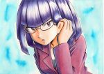  1girl adjusting_hair bangs black_shirt blue_background blunt_bangs collarbone commentary_request glasses hair_behind_ear hand_up highres jacket long_sleeves matori_(pokemon) oka_mochi open_mouth pokemon pokemon_(anime) pokemon_xy_(anime) purple_hair purple_jacket shiny shiny_hair shirt short_hair solo team_rocket tongue traditional_media violet_eyes 