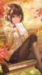  1girl bangs bench black_skirt brown_eyes brown_hair brown_legwear commentary_request copyright_request dress_shirt highres holding holding_pen knee_up long_sleeves looking_at_viewer outdoors pantyhose pen pleated_skirt shirt short_hair sitting skirt solo tokkyu white_shirt 