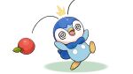  @_@ ^^^ apple bonk commentary_request creature food fruit leg_up motion_lines no_humans official_art open_mouth piplup pokemon pokemon_(creature) project_pochama solo standing standing_on_one_leg toes tongue 