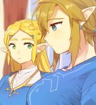  2girls bangs blonde_hair blue_eyes blue_shirt blurry blurry_background blush braid breast_envy breasts earrings from_side genderswap genderswap_(mtf) green_eyes hair_ornament hairclip jewelry large_breasts link long_hair looking_at_another meme multiple_girls pointy_ears princess_zelda profile shiny shiny_hair shirt the_legend_of_zelda the_legend_of_zelda:_breath_of_the_wild ttanuu. upper_body 