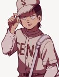  1boy adjusting_clothes adjusting_headwear bag baseball_cap baseball_uniform belt black_eyes brown_hair cross_game duffel_bag hand_up hat highres id_kaeta male_focus miki_tatsumasa short_hair solo sportswear upper_body white_background 