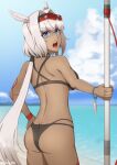 1girl absurdres animal_ears ass awehu back bangs bare_shoulders beach bikini black_bikini blue_eyes blue_sky body_markings breasts caenis_(fate) caenis_(swimsuit_rider)_(fate) eyebrows fate/grand_order fate_(series) female_ass goggles hairband highres large_breasts long_hair looking_at_viewer looking_back open_mouth polearm sky solo swimsuit thighs very_long_hair weapon white_hair