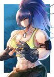  1girl abs absurdres armlet bangs black_gloves blue_eyes blue_hair dog_tags gloves highres kageru_(mofnyan) leona_heidern long_hair muscular muscular_female ponytail pouch solo tank_top the_king_of_fighters the_king_of_fighters_xv yellow_tank_top 