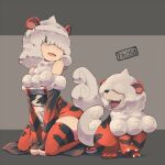  1girl bangs bare_shoulders claws commentary_request creature_and_personification fang grey_eyes grey_hair hair_over_one_eye hisuian_form hisuian_growlithe kuromiya long_bangs medium_hair open_mouth orange_legwear personification pokemon pokemon_ears pokemon_tail smile tail thigh-highs tongue 