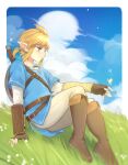  1boy bangs blonde_hair blue_eyes boots border brown_footwear brown_gloves brown_pants bug butterfly clouds day earrings fingerless_gloves from_side gloves grass highres jewelry knee_boots link medium_hair outdoors pants pointy_ears shield shiny shiny_hair sitting the_legend_of_zelda the_legend_of_zelda:_breath_of_the_wild ttanuu. weapon white_border 